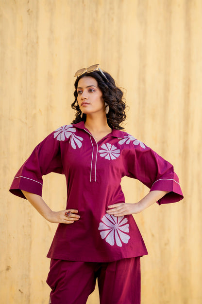 Wine Plum Embroidered Co-ord Set
