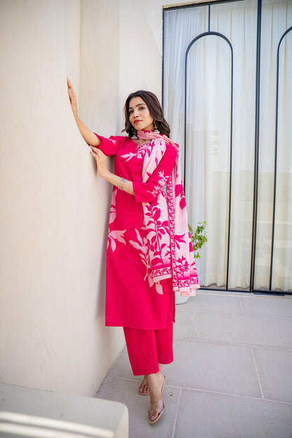 Cherry Red Floral Cotton Suit Set