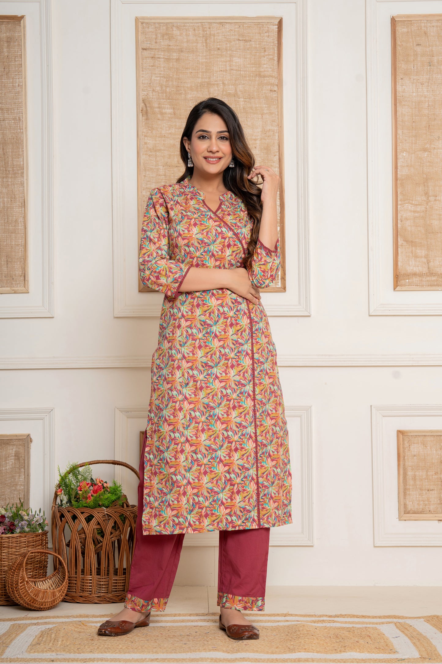 Multicoloured-Maroon Angrakha Kurta set