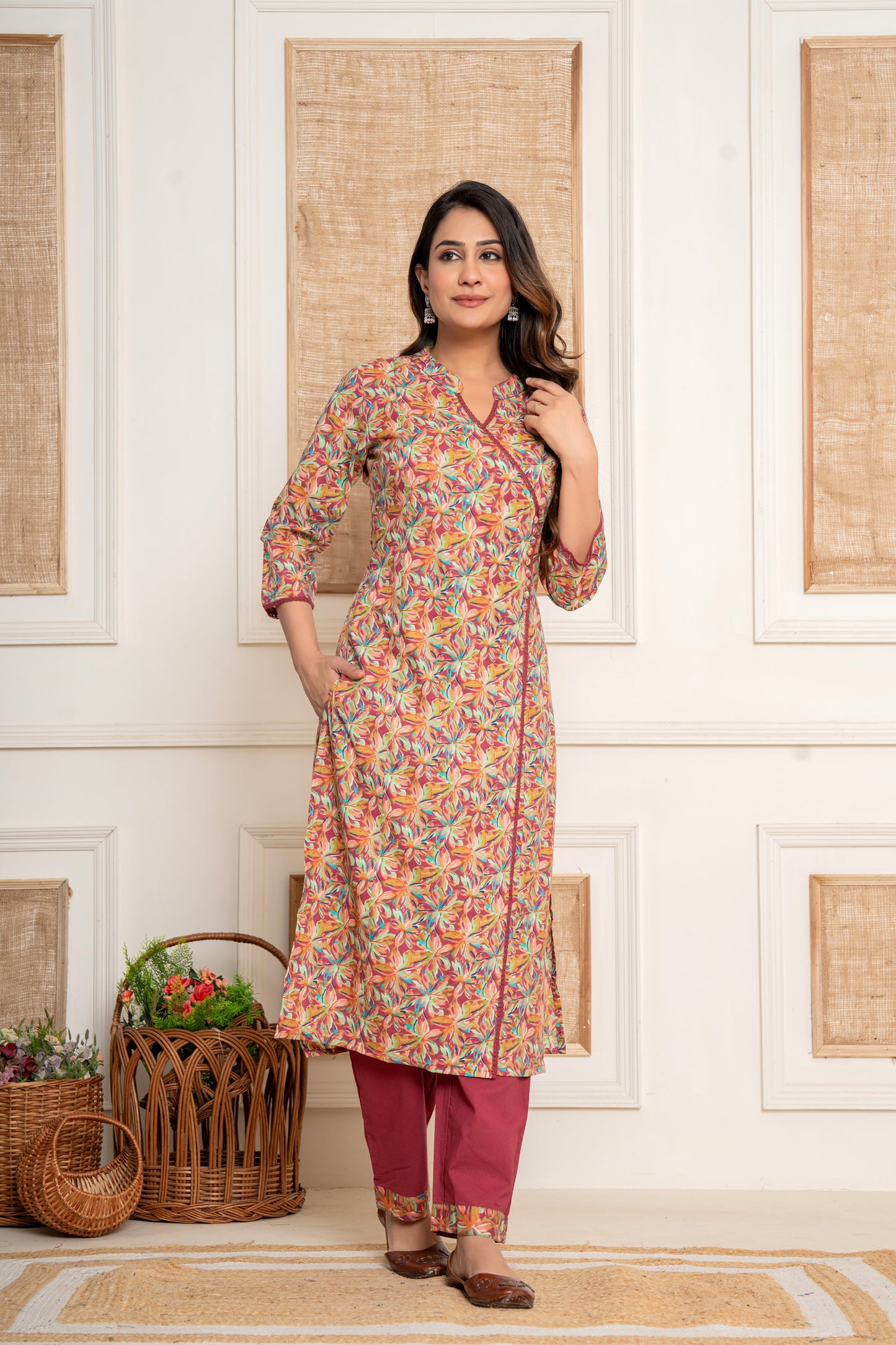 Multicoloured-Maroon Angrakha Kurta set