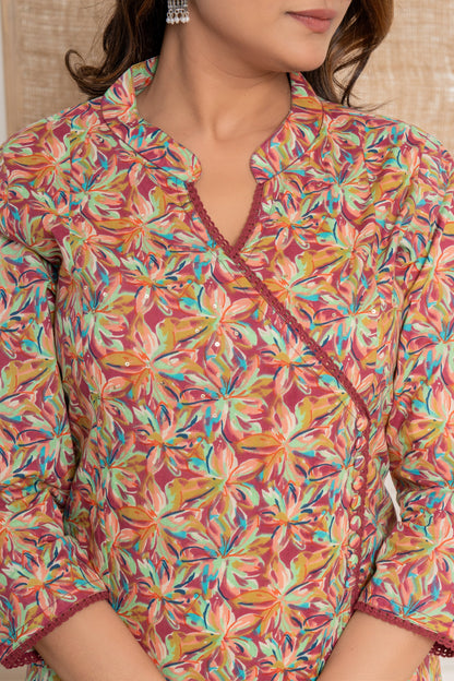 Multicoloured-Maroon Angrakha Kurta set