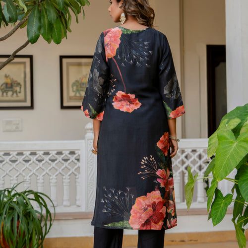 Black Pure Muslin Floral Suit Set