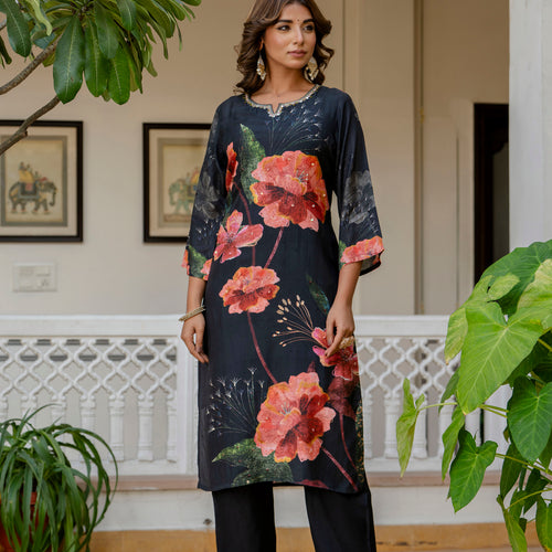Black Pure Muslin Floral Suit Set