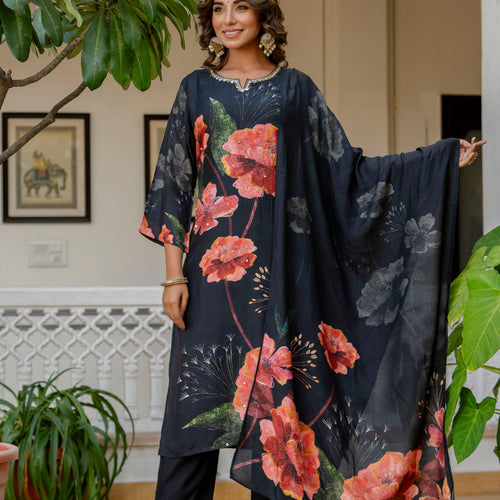 Black Pure Muslin Floral Suit Set