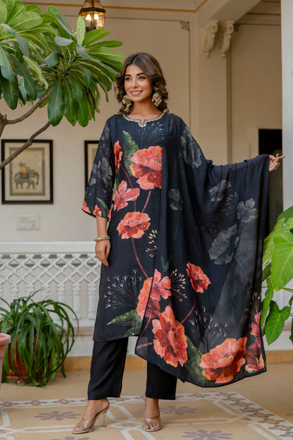 Black Floral Muslin Suit Set