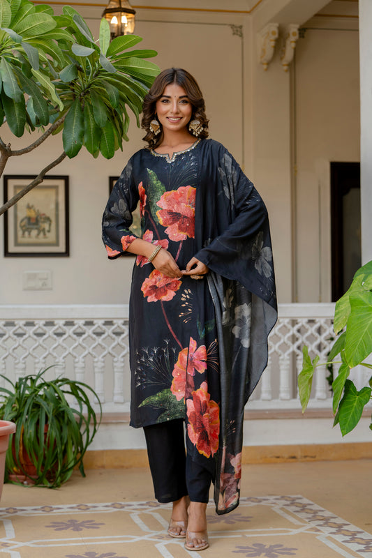 Black Floral Muslin Suit Set