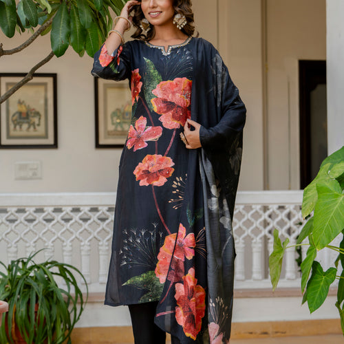 Black Pure Muslin Floral Suit Set