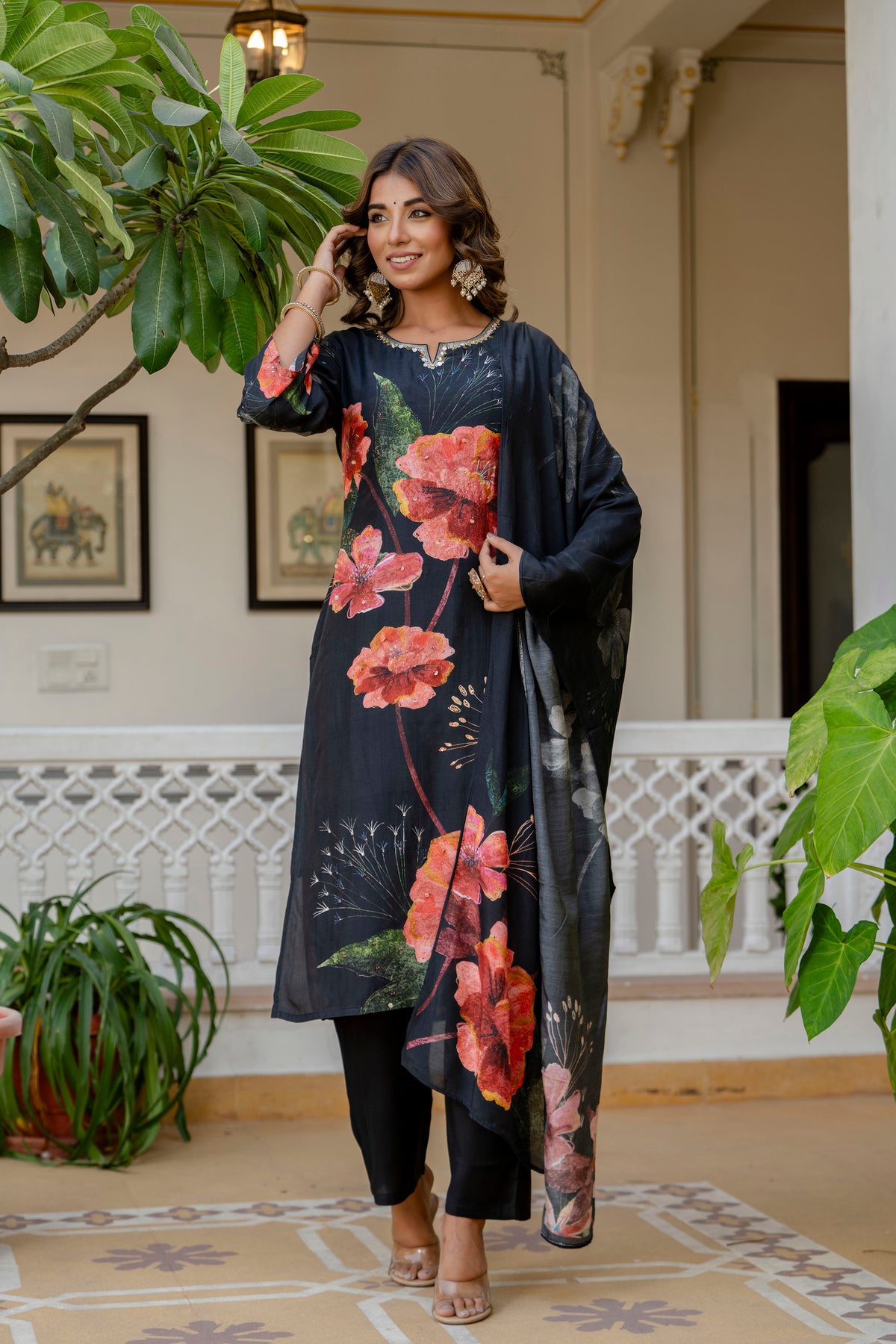 Black Pure Muslin Floral Suit Set