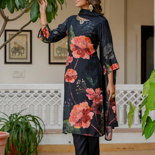 Black Pure Muslin Floral Suit Set