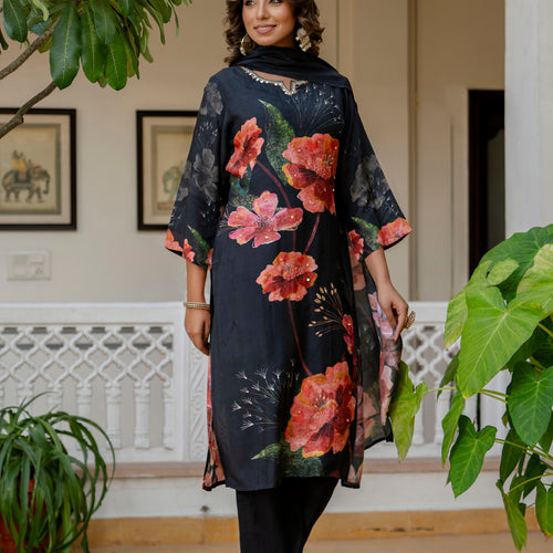 Black Pure Muslin Floral Suit Set
