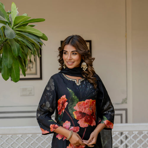 Black Pure Muslin Floral Suit Set