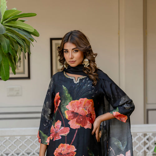 Black Pure Muslin Floral Suit Set