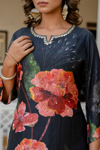 Black Floral Muslin Suit Set