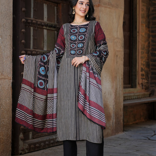 Black Ajrakh Muslin Suit Set