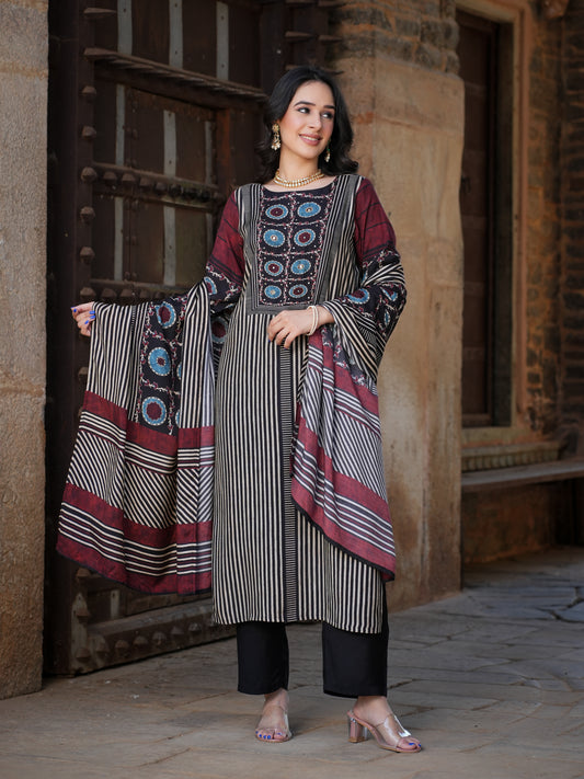 Black Ajrakh muslin Suit Set
