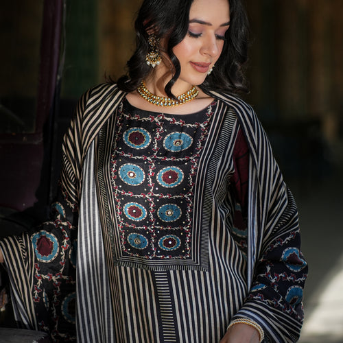 Black Ajrakh Muslin Suit Set