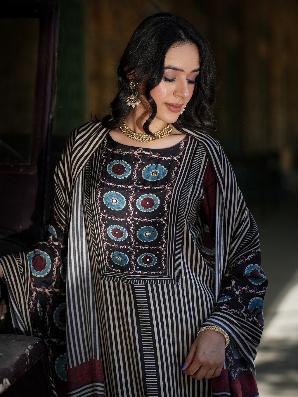 Black Ajrakh Muslin Suit Set