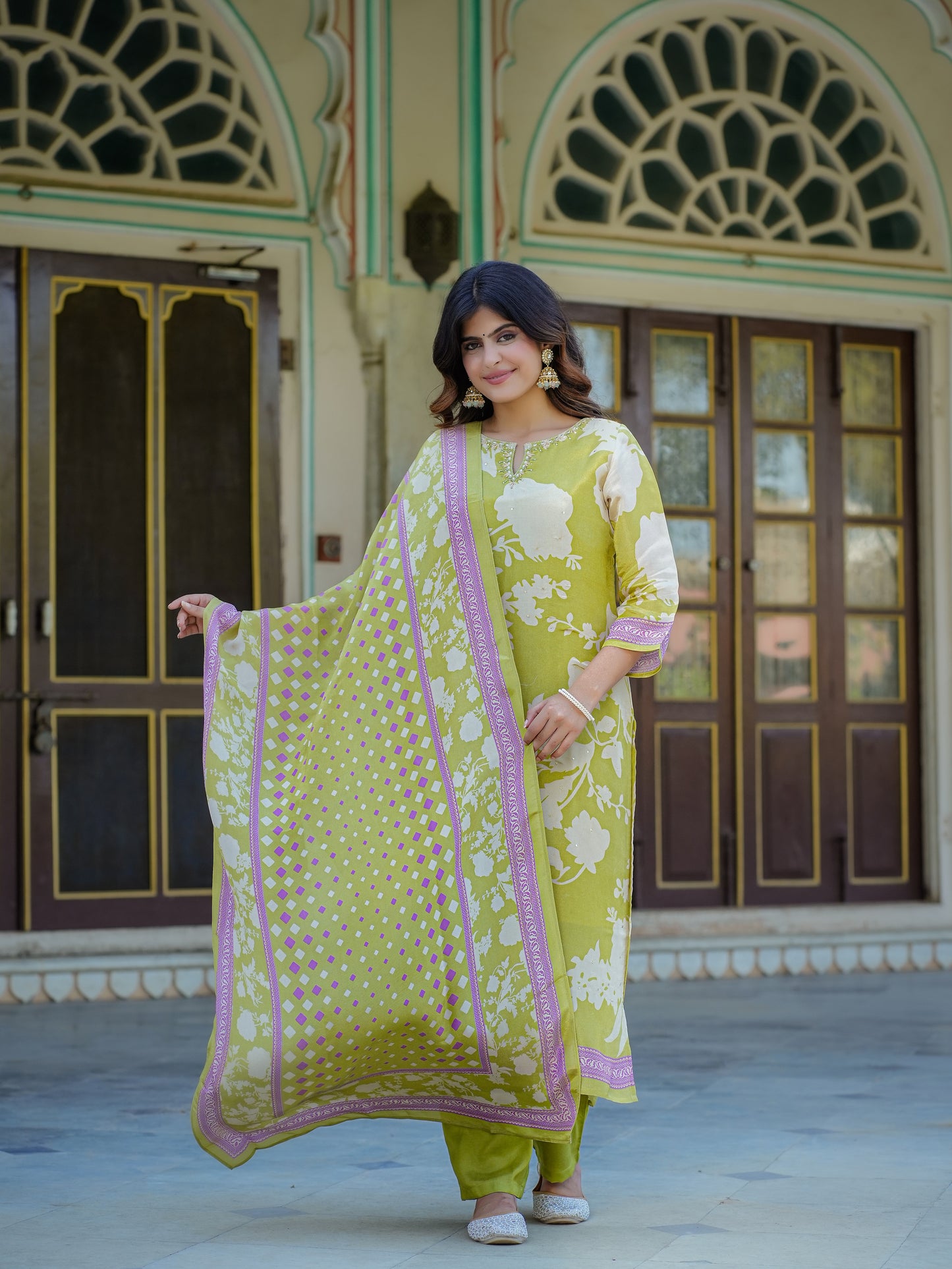 Pastel Green Floral Shimmer Suit Set