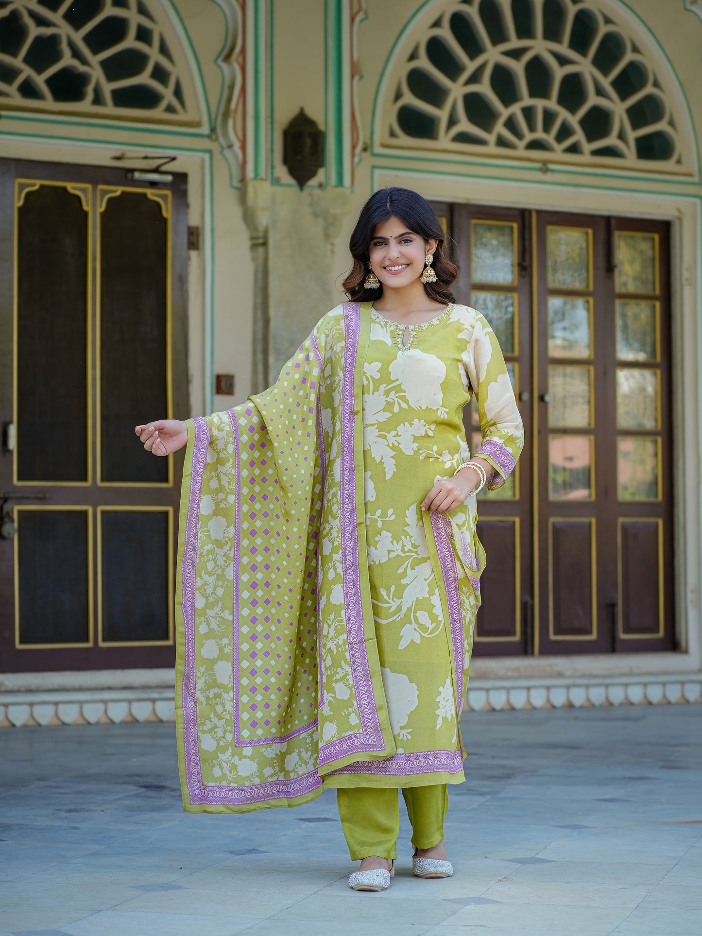 Pastel Green Floral Shimmer Suit Set