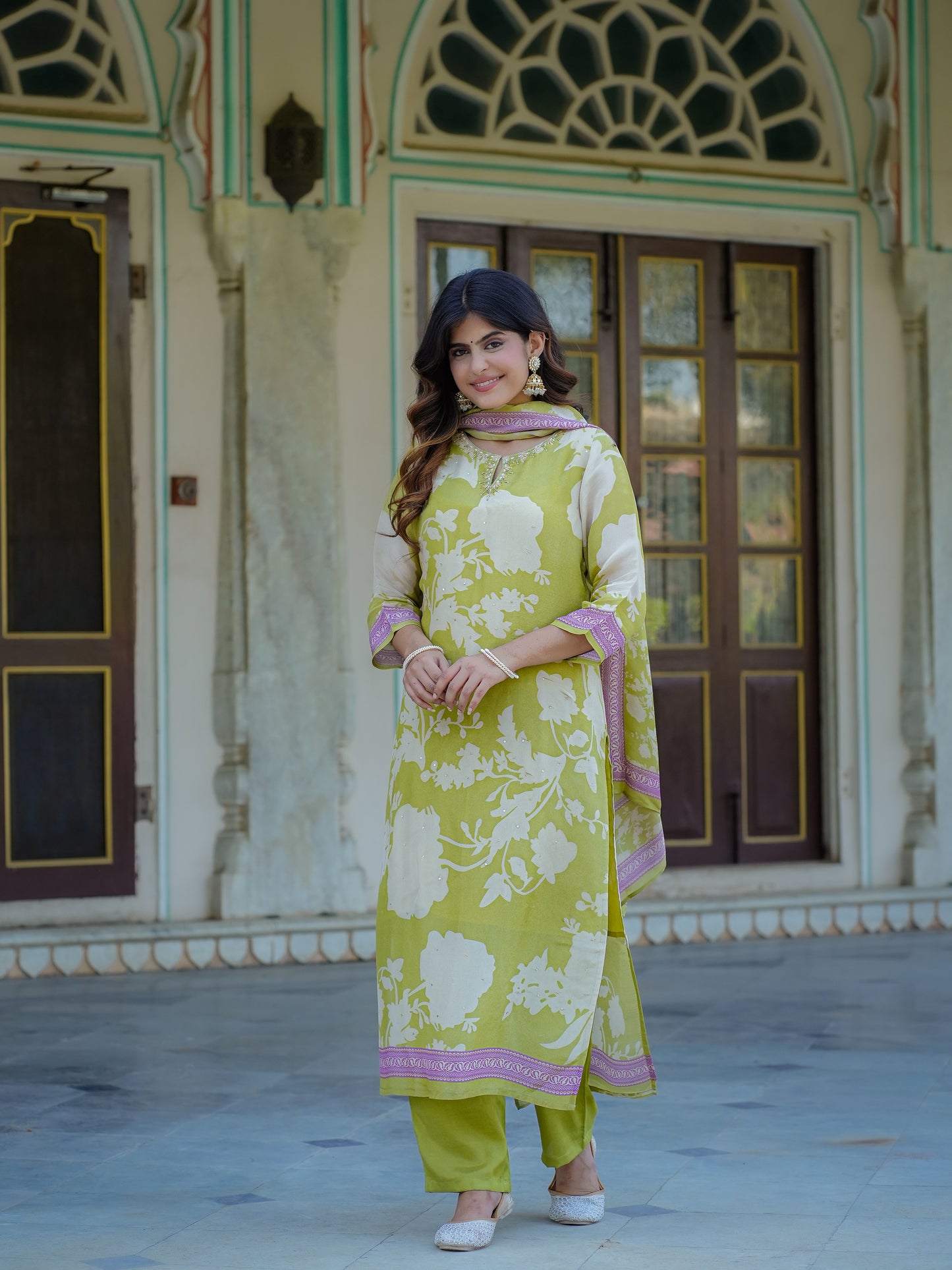 Pastel Green Floral Shimmer Suit Set