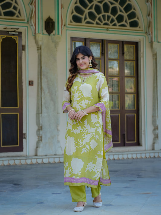 Pastel Green Floral Shimmer Suit Set