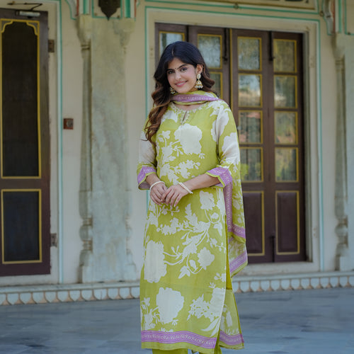 Pastel Green Floral Shimmer Suit Set
