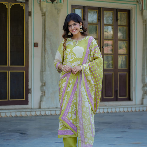 Pastel Green Floral Shimmer Suit Set