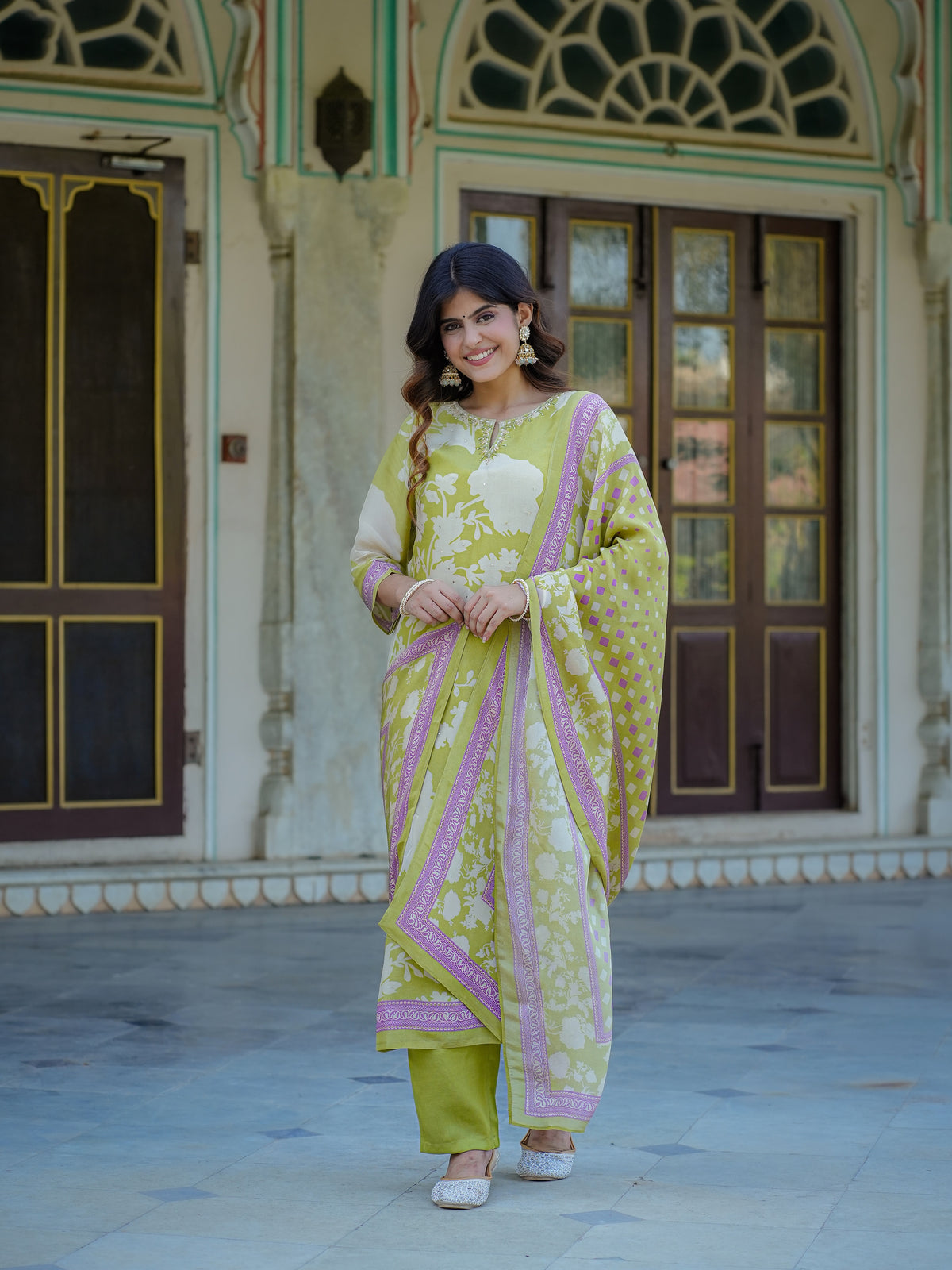 Pastel Green Floral Shimmer Suit Set