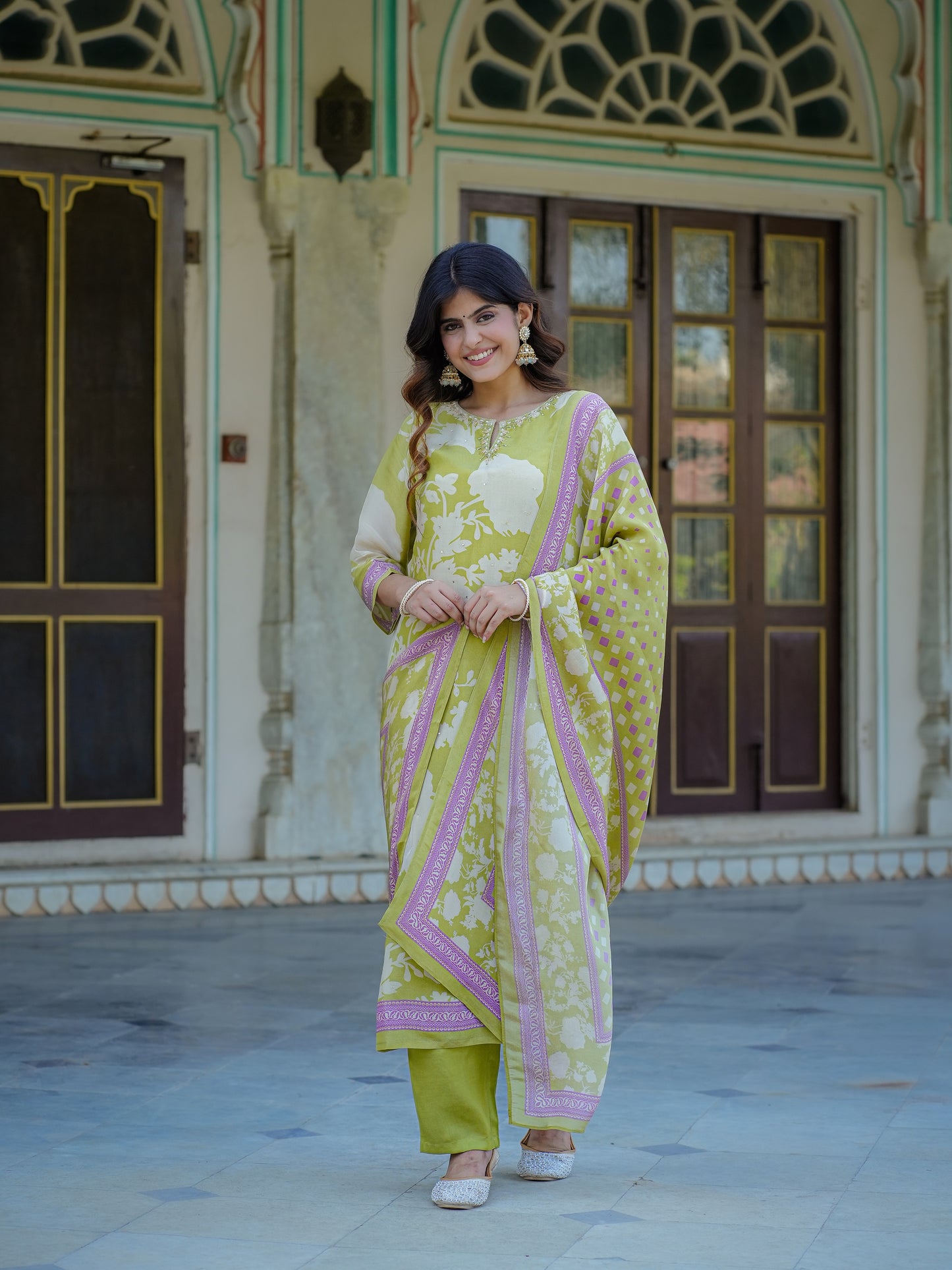 Pastel Green Floral Shimmer Suit Set