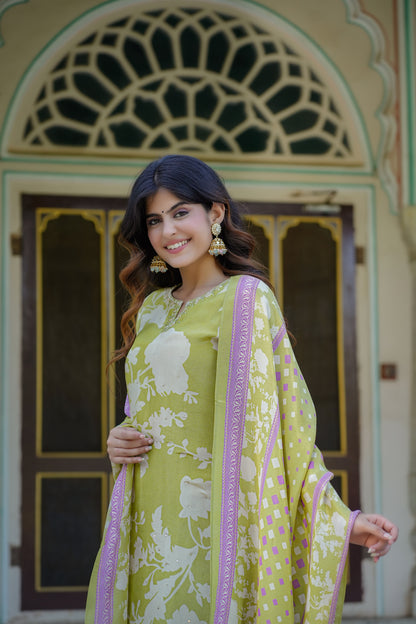 Pastel Green Floral Shimmer Suit Set