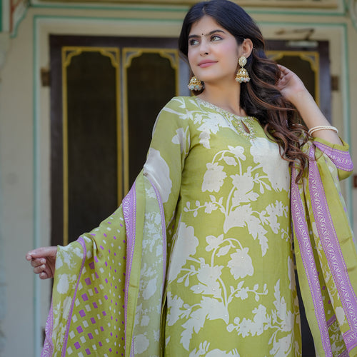 Pastel Green Floral Shimmer Suit Set