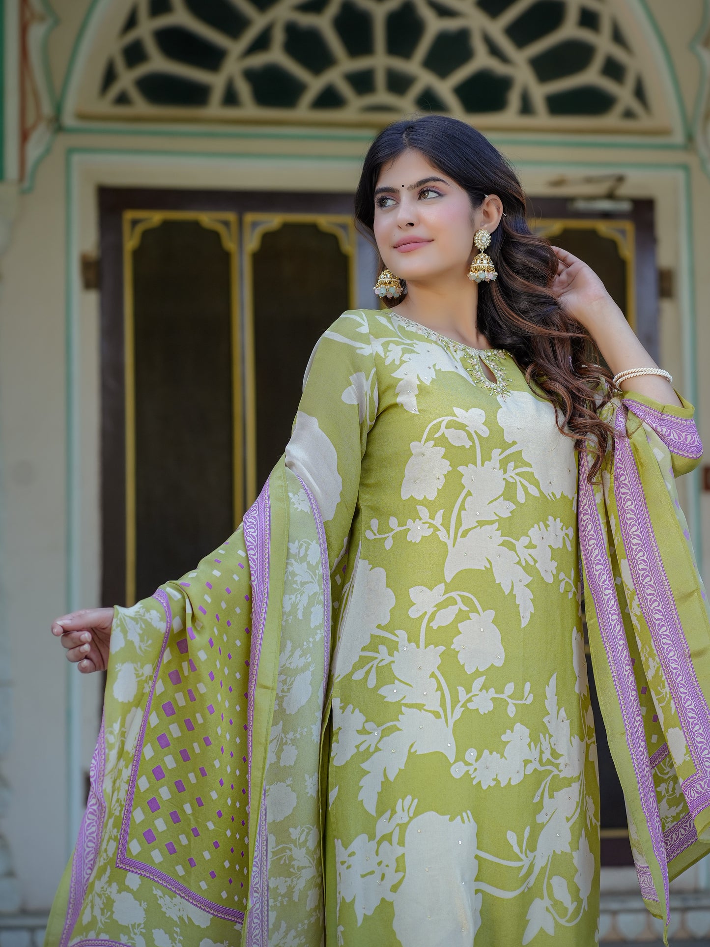 Pastel Green Floral Shimmer Suit Set