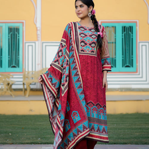 Maroon Ajrakh Pure Muslin Suit Set