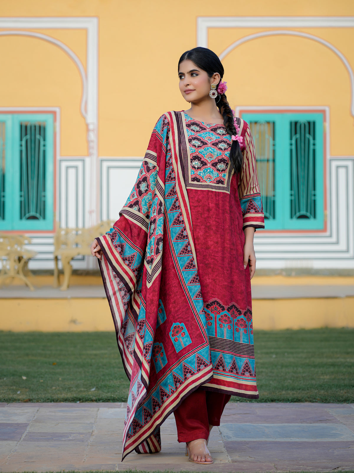 Maroon Ajrakh Pure Muslin Suit Set