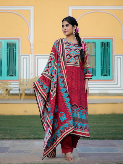 Red Ajrakh Muslin Suit Set