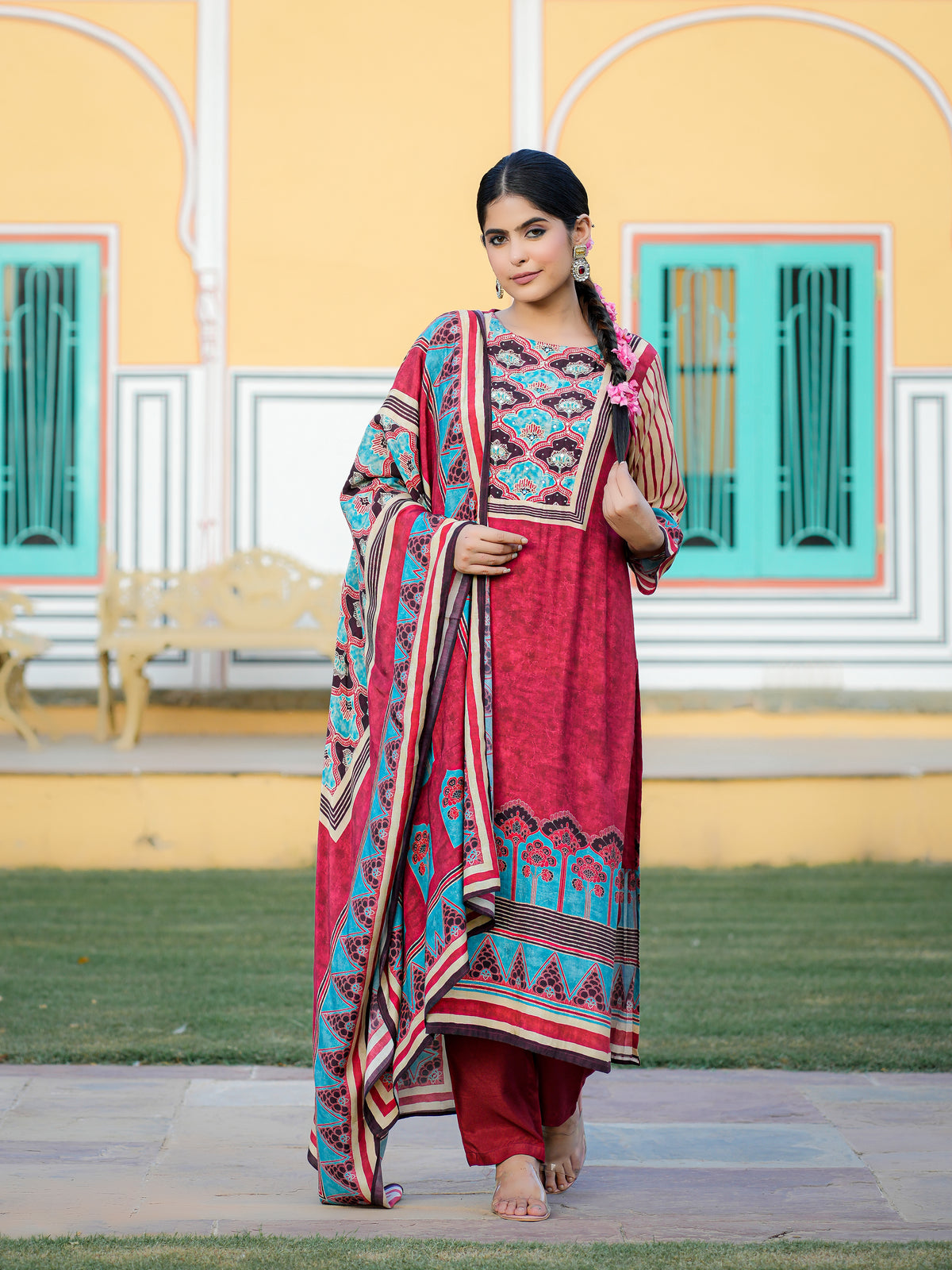 Maroon Ajrakh Pure Muslin Suit Set