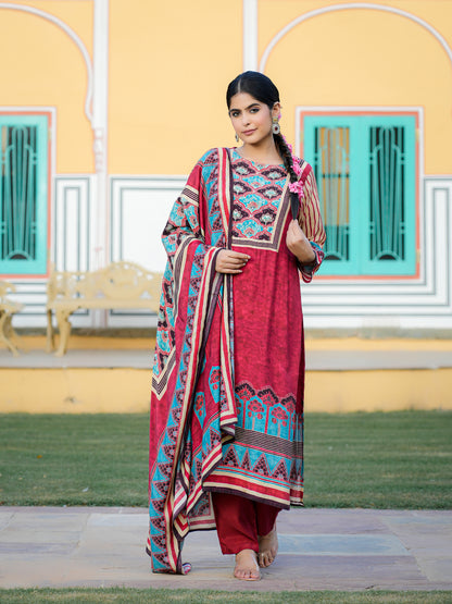 Red Ajrakh Muslin Suit Set