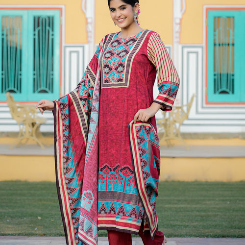 Maroon Ajrakh Pure Muslin Suit Set