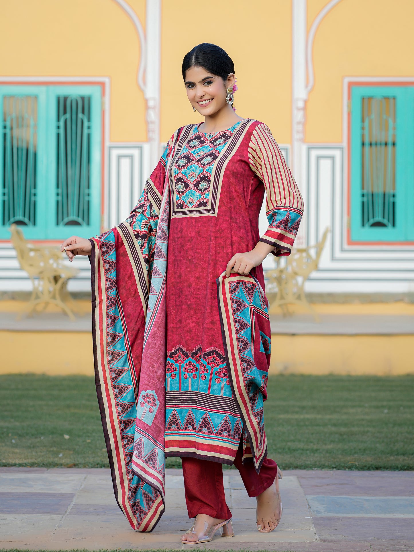 Red Ajrakh Muslin Suit Set