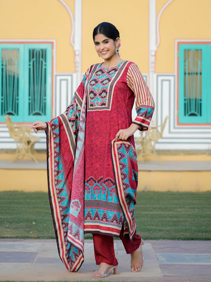Red Ajrakh Muslin Suit Set