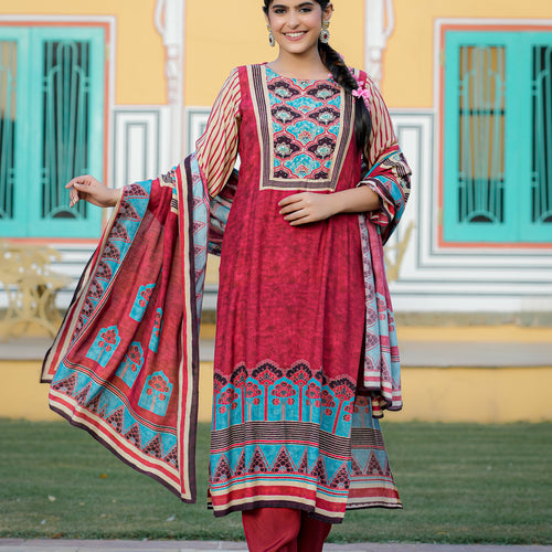 Maroon Ajrakh Pure Muslin Suit Set