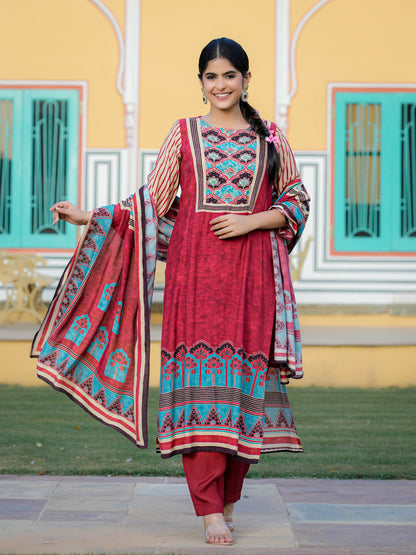 Red Ajrakh Muslin Suit Set