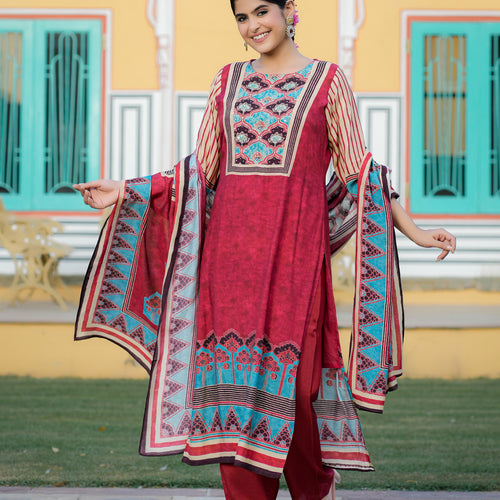 Maroon Ajrakh Pure Muslin Suit Set