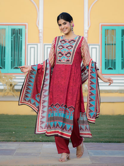 Red Ajrakh Muslin Suit Set