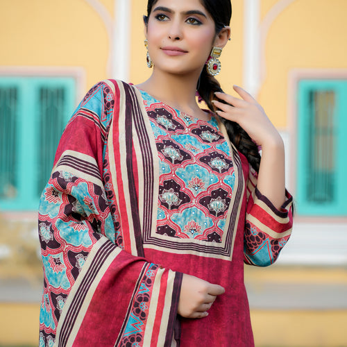 Maroon Ajrakh Pure Muslin Suit Set