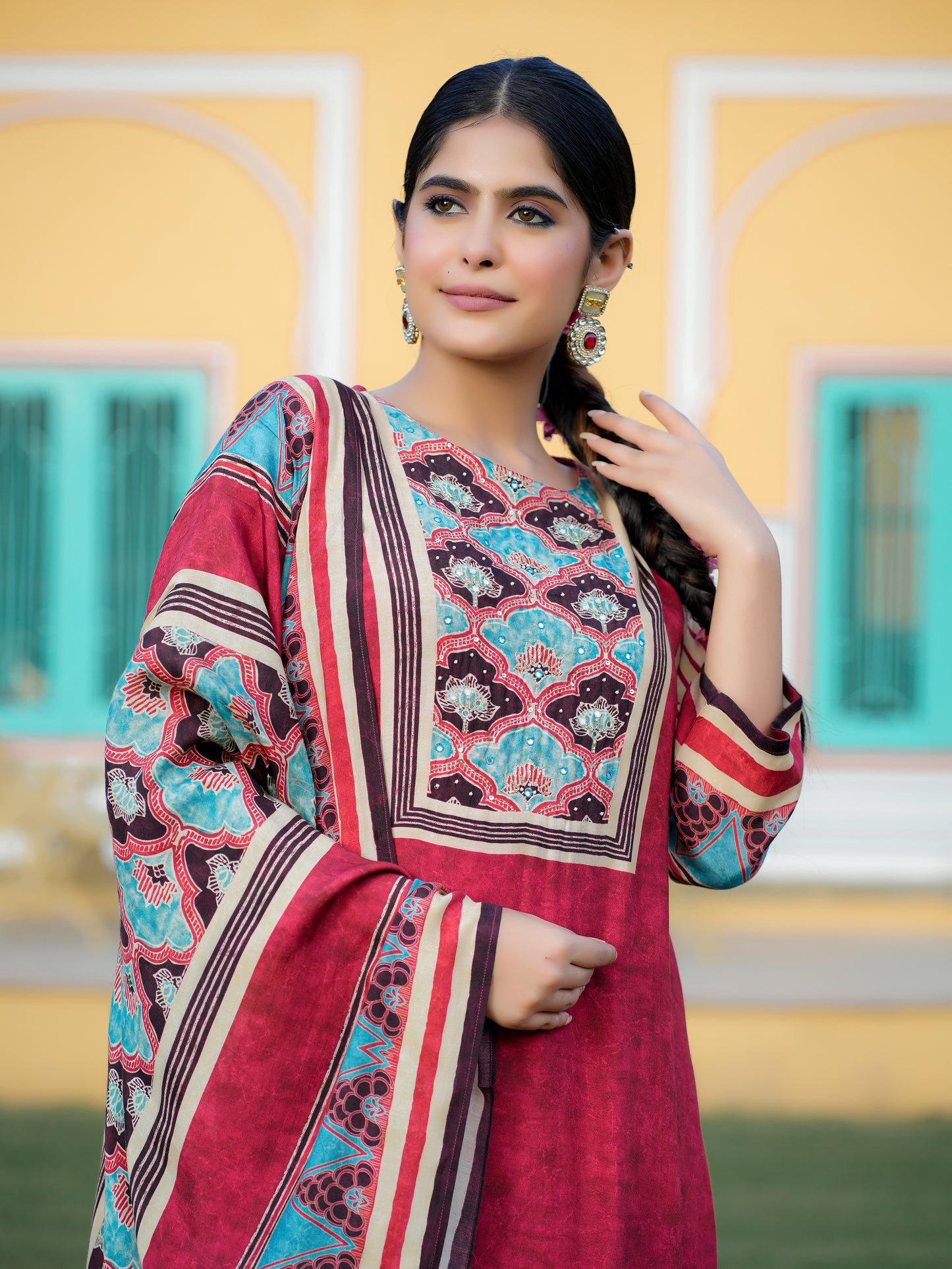 Red Ajrakh Muslin Suit Set