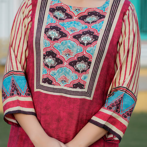 Maroon Ajrakh Pure Muslin Suit Set