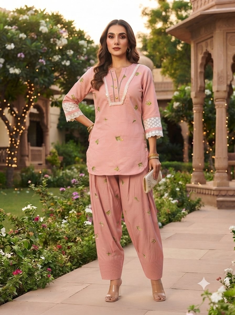 Zoya Pink Floral Embroidery Co-ord Set