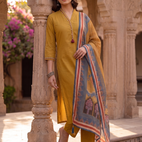 Mustard Cotton Kurta Set