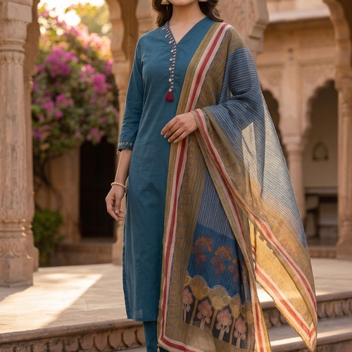 Teal Blue Cotton Kurta Set